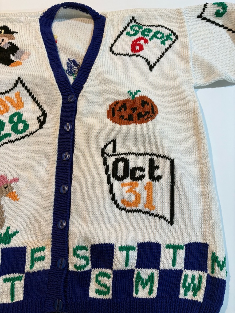 VINTAGE | Hand-Knit Holiday Calendar Cardigan - Cream with Navy Trim - Picture 5 of 12